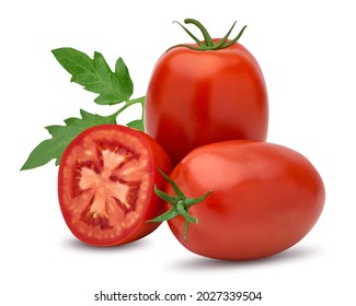 Italian, San Marzano, Plum Or Roma Tomatoes With Green Leaf Isolated On White Background  Including Clipping Path