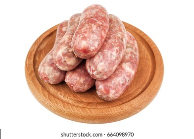 Italian Sausage (salcici) On Wooden Plate Isolated On White