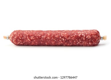 Italian Sausage. Tasty Dried Sausage, Close-up, Isolated On White Background.