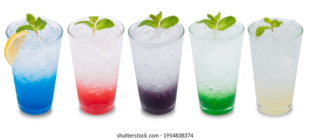 Italian Soda, Blue Hawaii, Blueberry Soda, Lychee Soda, Apple Soda, White Background 