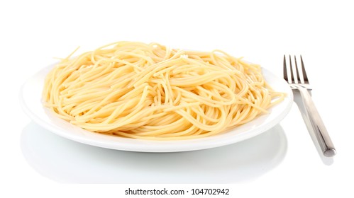 Italian Spagetti Cooked In A White Plate With Fork Isolated On White