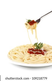 Italian Spagetti Cooked In A White Plate With Fork On White Background Close-up