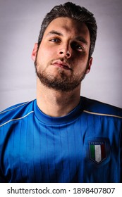 Italian Sporty Boy With Beautiful Blue Eyes Wears The Shirt Of The Italian National Football Team 