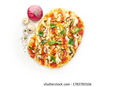 Italian Square Vegetarian Pizza Isolated On White Background With Ingredients, Top View