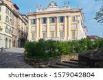 Italian stylish building "Medolago - Albani Palace", Upper Town, View of Bergamo city. Italy.