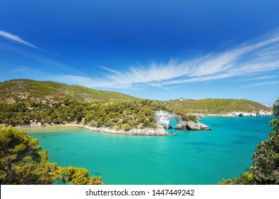 Italian touristic destination in Puglia - San Felice arch rock bay - Natural park Gargano with beautifulturquoise sea. Apulia, Southern Italy, Europe - Shutterstock ID 1447449242