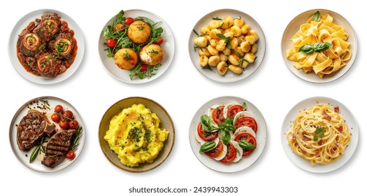 Italian traditional food dishes set, top view. Gnocchi, polenta, carbonara, arancini, ossobuco, bistecca alla fiorentina, steak, ribollita, parmigiana, caprese salad, pasta. Italy foods collection set - Powered by Shutterstock