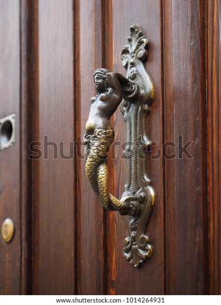 Italian Wooden Door Detail Mermaid Handle Stock Photo Edit Now