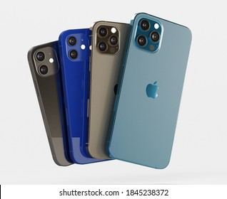 ITALY -01 NOVEMBER, 2020: Iphone 12, 12 Mini, 12 Pro And 12 Max Smartphones On White Background. Latest Apple Mobile Iphones Model. Illustrative Editorial.