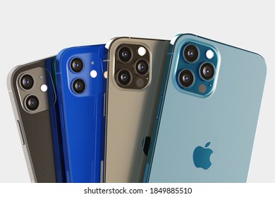 ITALY -01 NOVEMBER, 2020: Iphone 12, 12 Mini, 12 Pro And 12 Max Smartphones On White Background. Latest Apple Mobile Iphones Model. Illustrative Editorial.