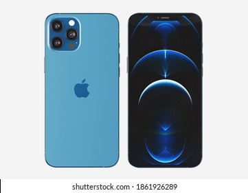 ITALY -01 NOVEMBER, 2020: Iphone 12 Max Smartphones On White Background. Latest Apple Mobile Iphones Model. Illustrative Editorial.