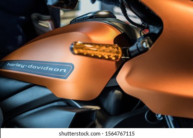 Italy, 10 November 2019  - Harley Davidson motorcycle on display at EICMA 2019 in Milan Lombardy