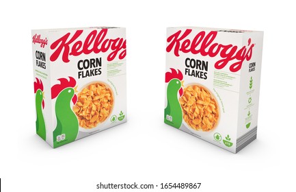Italy, 18 february 2020: double view famous pack of Kellogs conflakes illustrative editorial