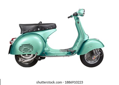 Italy - 1959 - Vintage Vespa motorcycle - isolated on white background - teal