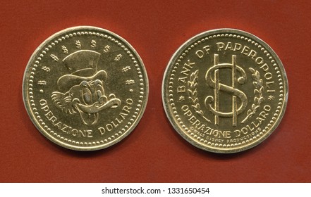 Italy - 1969: Disney Coin Collection, Dollar Operation, Bank Of Duckburg, Uncle Scrooge McDuck On The Main Side And A Dollar Symbol On The Other Side