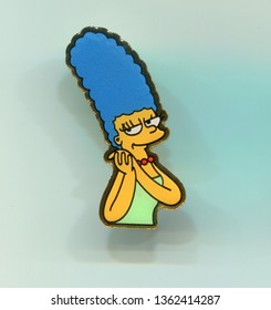 Italy - 1990s: Simpsons characters on pin badge collection, Marge Simpson