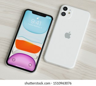 ITALY -22 SEPTEMBER, 2019: Iphone 11 Smartphones On Table. Iphone 11 In Close Up. Latest Apple Mobile Iphones Model. Illustrative Editorial.