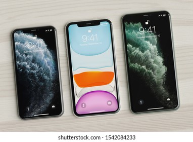 ITALY -22 SEPTEMBER, 2019: Iphone 11, 11 Pro And 11 Max Smartphones On Table. Latest Apple Mobile Iphones Model. Illustrative Editorial.