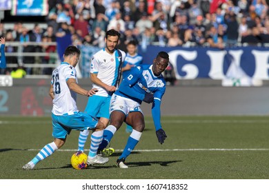 Italy, Brescia, January 5 2020: Hard Tackle And Yellow Card For Mario Balotelli, Brescia Striker, During Football Match BRESCIA Vs SS LAZIO , Serie A 2019/2020 Day18, Rigamonti Stadium