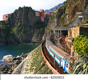 Italy. Cinque Terre. Train At Station Manarola