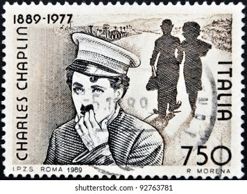 ITALY - CIRCA 1989: Stamp printed by Italy celebrating 100 years from the birth of Charles Chaplin, circa 1989.