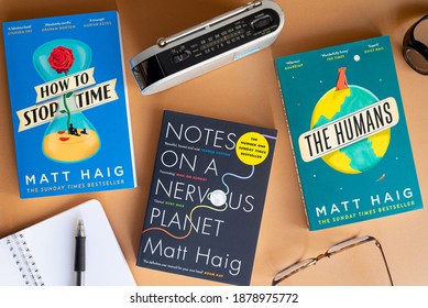 Italy. December 20th, 2020. Flat Lay Composition On A Desk Of Some Books By The English Novelist And Journalist Matt Haig.