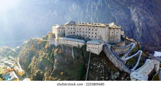 Italy .Famous medieval castles of valle d'Aosta - impressive Bard fort surrounded by Alps mountains. aerial drone view