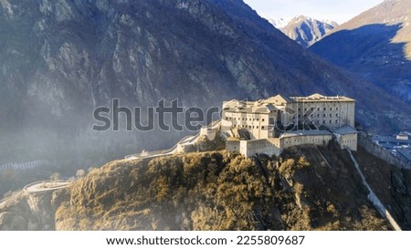 Italy .Famous medieval castles of valle d'Aosta - impressive Bard fort. aerial drone view