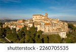 Italy, February 2023: aerial view from the drone of the medieval village of Monteprandono in the province of Ascoli Piceno in the Marche region