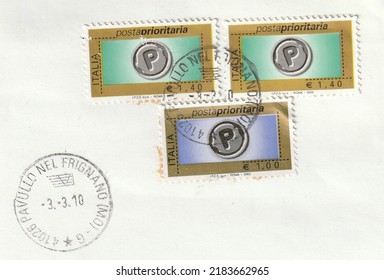 Italy, February 3, 2010: No. 3 Priority Mail Stamp With Postmark.