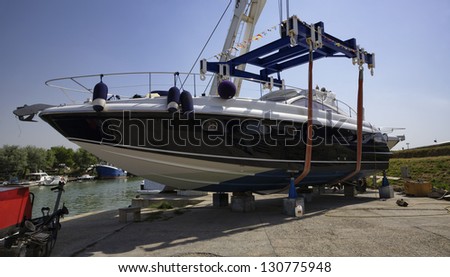Italy, Fiumicino (Rome), Boatyard, luxury yacht at the boatyard