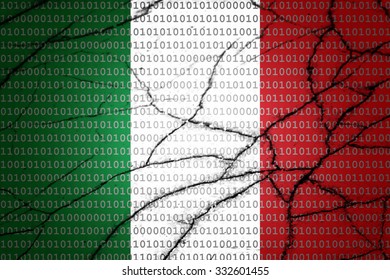 Italy flag with binary text and cracks