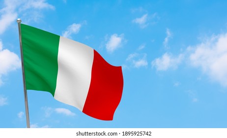 Italy Flag On Pole. Blue Sky. National Flag Of Italy