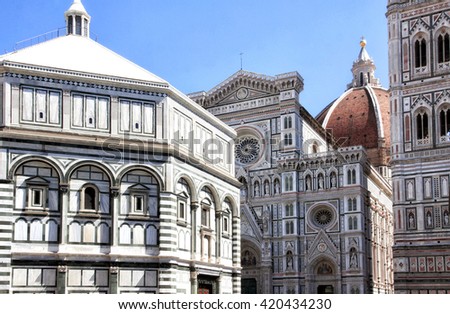 Italy. Florence. Baptistery of San Giovanni and the Dome of Basilica di Santa Maria del Fiore.