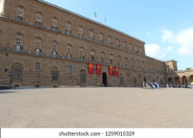 Italy, Florence - July 11, 2017: View on Pitti Palace. Gallery complex in Renaissance royal palace housing vast Italian & European masters art collection.