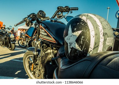Italy, July 2018 - The Harley Davidson motorcycle on display at the Pesaro port