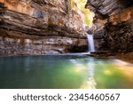 Italy, July 2022: view of the beautiful Premilcuore waterfall in the province of Forli