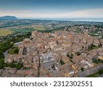 Italy, June 02, 2023: aerial view of the beautiful medieval village of Potenza Picena. The village is located on the Marche hills in the province of Macerata