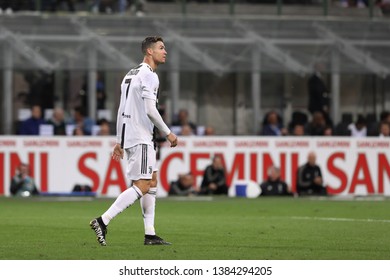 Italy, Milan, April 27 2019: Cristiano Ronaldo, Juventus Striker, Back To Center Field In The Second Half During Football Match FC INTER Vs JUVENTUS, Serie A Tim 2018/2019 Day34, San Siro Stadium