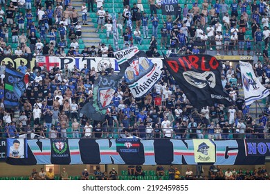 Italy, Milan, Aug 20 2022: Fc Inter Supporters Wave The Flags And Show Banners In The Stands During Soccer Game FC INTER Vs SPEZIA, Serie A 2022-2023 Day2 San Siro Stadium