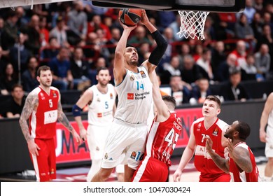 Italy, Milan, march 13 2018: Ayon Gustavo jumps and scores over Bertans Dairis in second quarter during basketball match Ax Armani Exchange Olimpia Milan vs Real Madrid, EuroLeague 2018