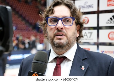 Italy, Milan, March 2017: Trinchieri Andrea Interview During Basketball Match EA7 Emporio Armani Milan Vs Brose Bamberg, Euroleague 2017 Round28, Milan March 23 2017