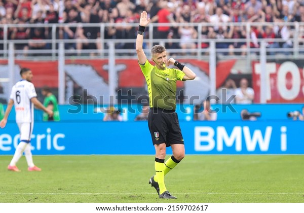 Italy,\
Milan, may 15 2022: Daniele Orsato (referee) whistles Atalanta\'s\
offside in the second half during football match AC MILAN vs\
ATALANTA, Serie A 2021-2022 day37 San Siro\
stadium
