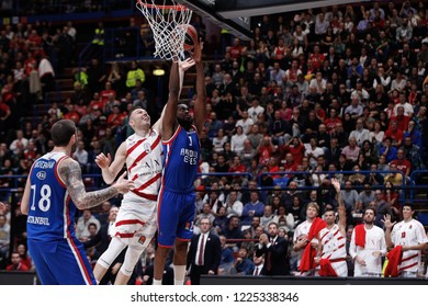 Italy, Milan, november 2 2018: Beaubois Rodrigue and Dairis Bertans battle for rebound during basketball match A|X ARMANI MILAN vs ANADOLU EFES ISTANBUL, EuroLeague 2019, Mediolanum Forum