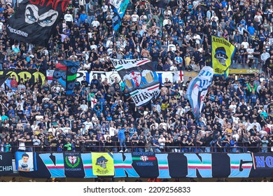 Italy, Milan, Oct 1 2022: Fc Inter Supporters Wave The Flags And Show Banners In The Stands During Soccer Game FC INTER Vs AS ROMA, Serie A Tim 2022-2023 Day8 San Siro Stadium