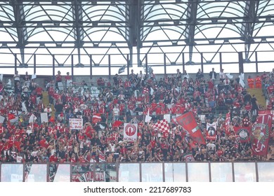 Italy, Milan, Oct 22 2022: Monza's Supporters Wave The Flags And Show Banners In The Stands During Soccer Game AC MILAN Vs MONZA, Serie A Tim 2022-2023 Day11 San Siro Stadium