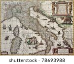 Italy old map. Created by Henricus Hondius, published in Amsterdam, 1631