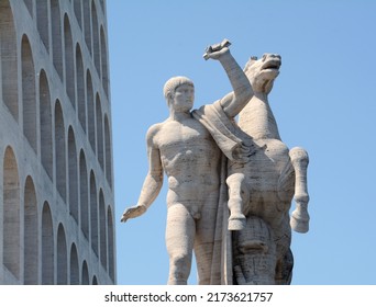 Italy - Rome – May 10, 2022: Equestrian Monument On The South-western Front Of The Palace Of The Palazzo Della Civiltà Italiana