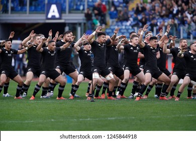Italy, Rome, november 24 2018: the haka maori of team New Zealand All blacks before kick off about rugby International match ITALY vs NEW ZEALAND ALL BLACKS, at Olimpico stadium