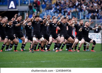 Italy, Rome, November 24 2018: The Haka Maori Of Team New Zealand All Blacks Before Kick Off About Rugby International Match ITALY Vs NEW ZEALAND ALL BLACKS, At Olimpico Stadium